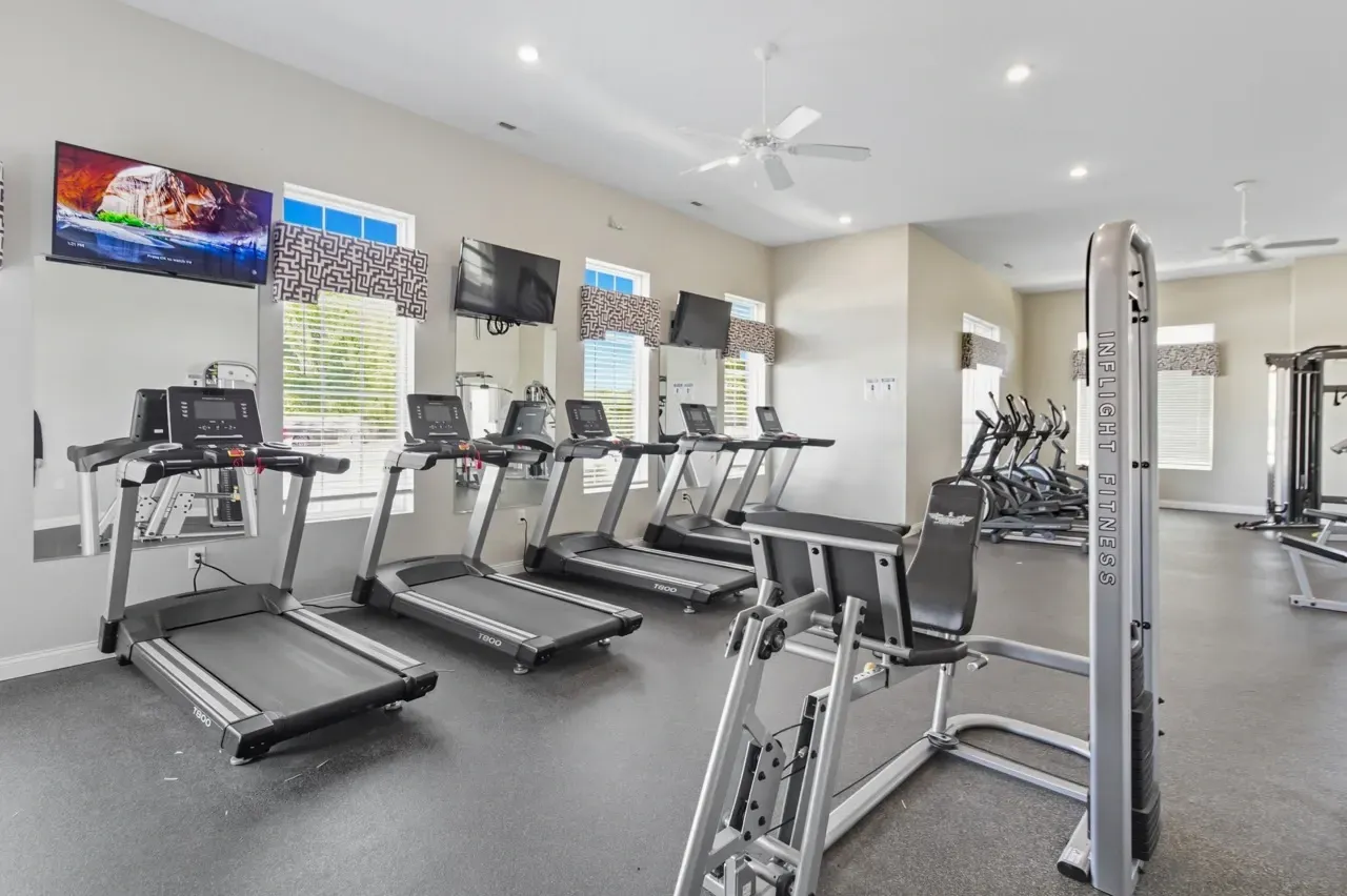 Treadmills and exercise machines in a fitness center.