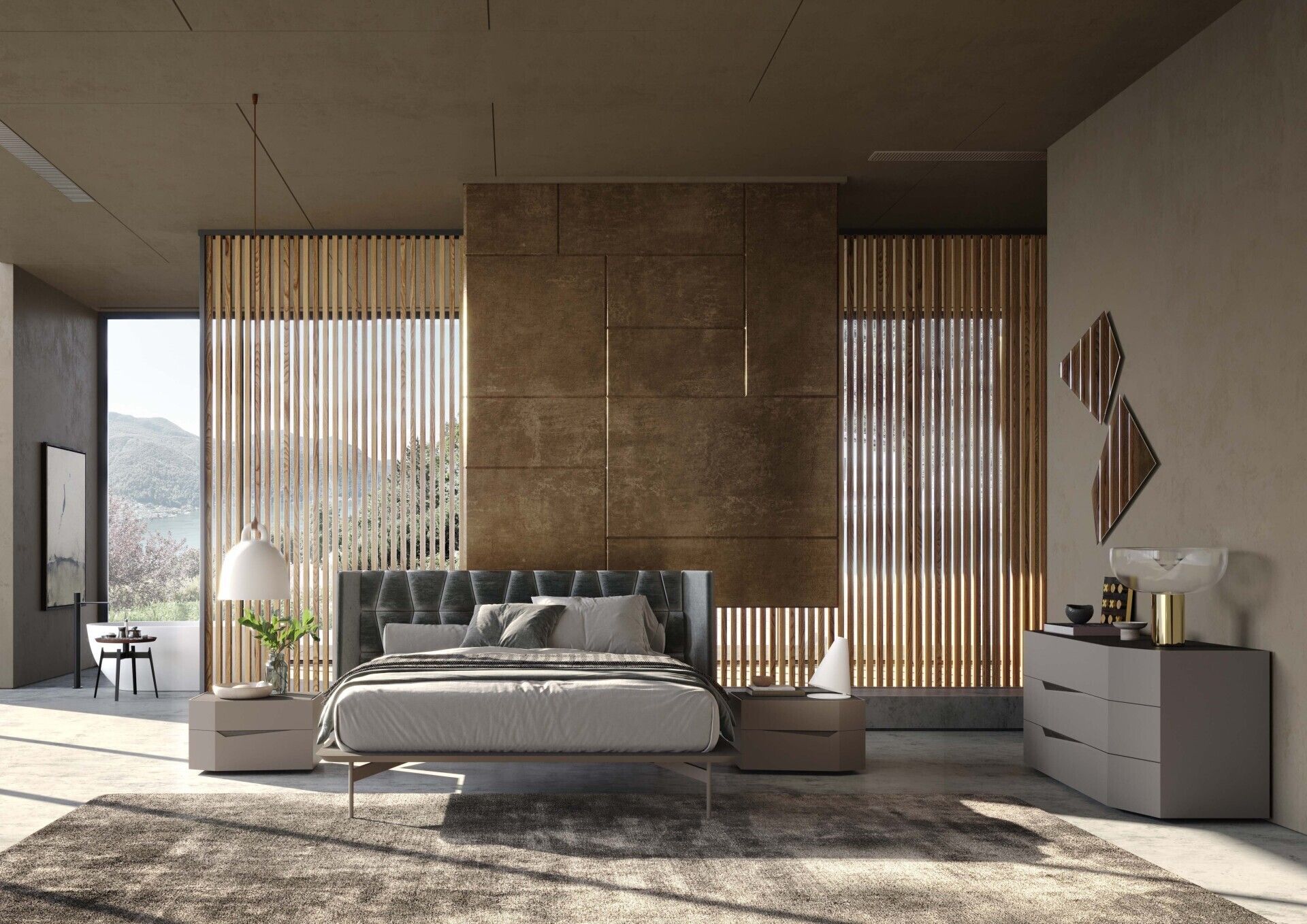 Camera da letto con letto, comodini, cassettiera e paravento in legno a doghe. Colori terra, luce naturale.