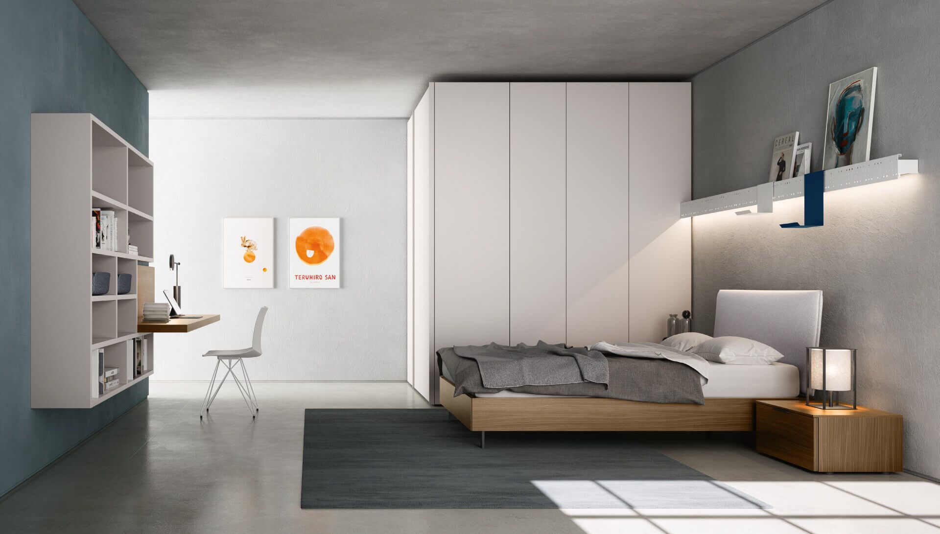Camera da letto moderna con letto, scrivania, scaffali e arredamento minimalista.