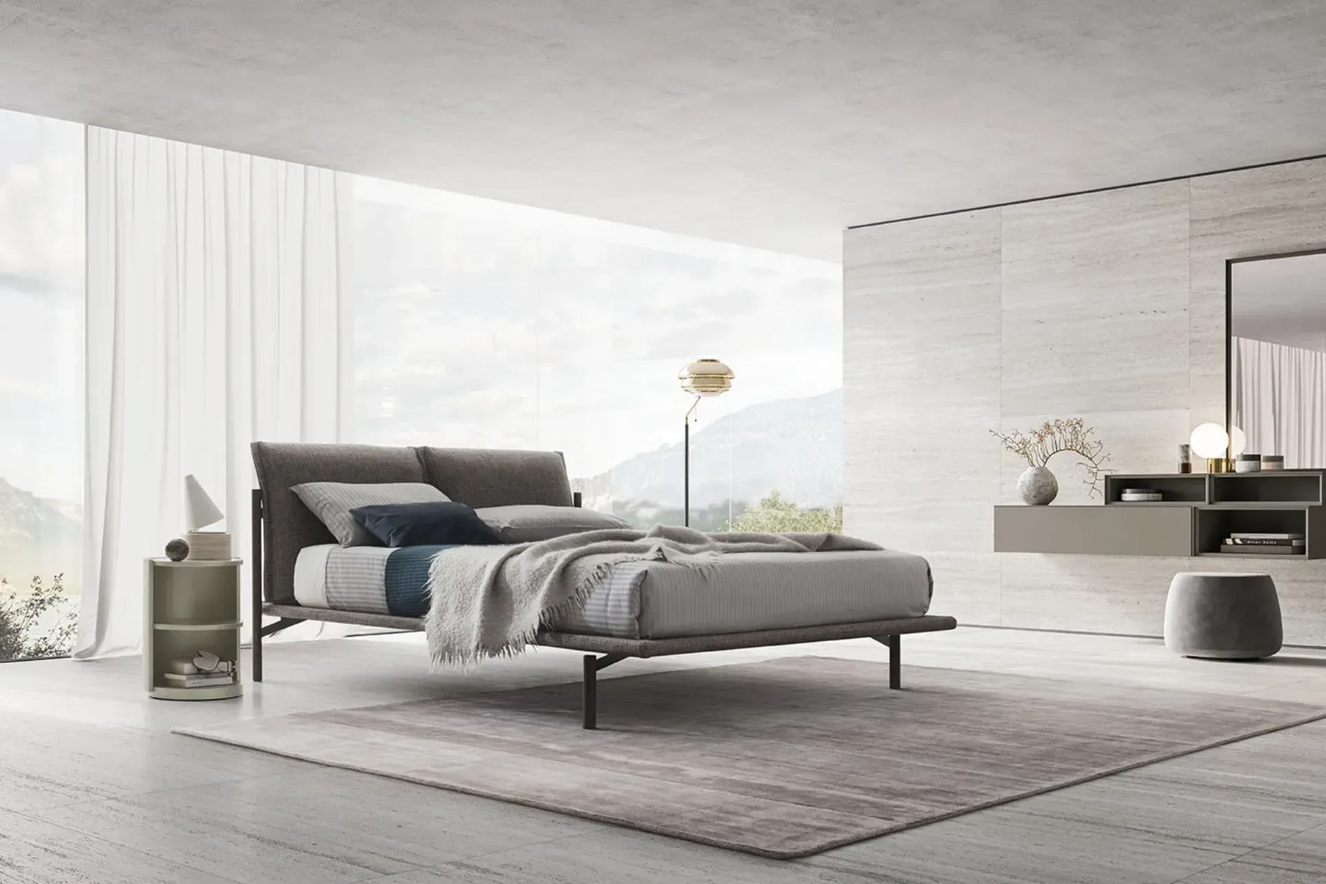 Camera da letto moderna con letto, comodino, tappeto e toeletta. Toni neutri, design minimalista.