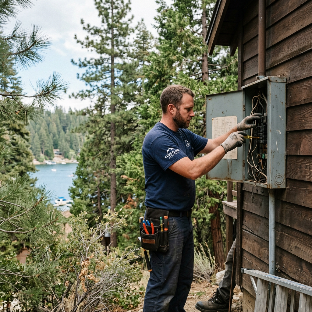 Licensed electrician inspecting an older exterior electrical panel at a Crestline mountain cabin