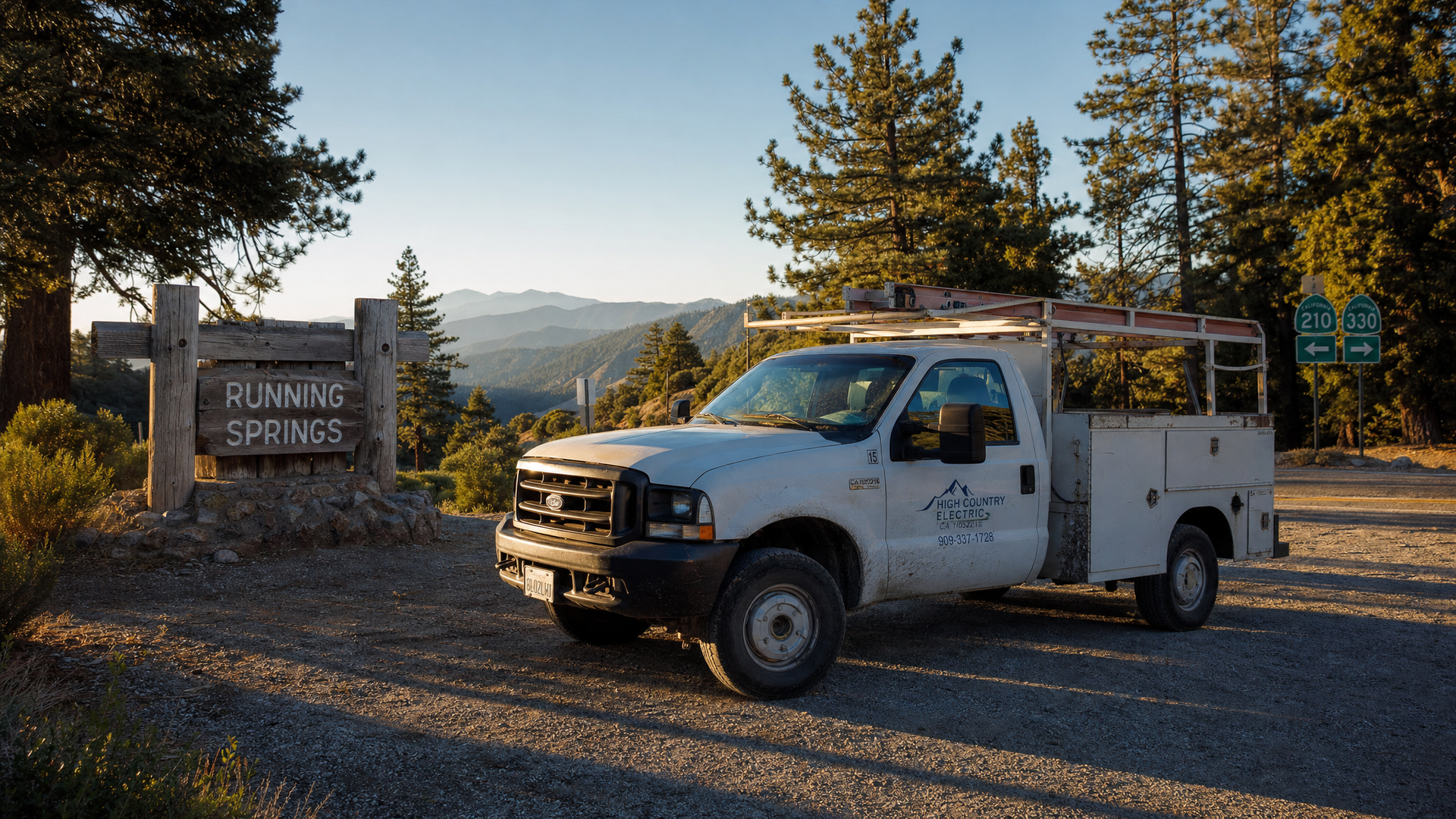 An electrician's service truck at the Highway 18/330 junction in Running Springs, CA