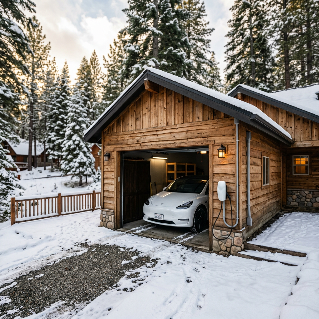 Tesla Wall Connector EV charger installed on a Lake Arrowhead mountain cabin garage