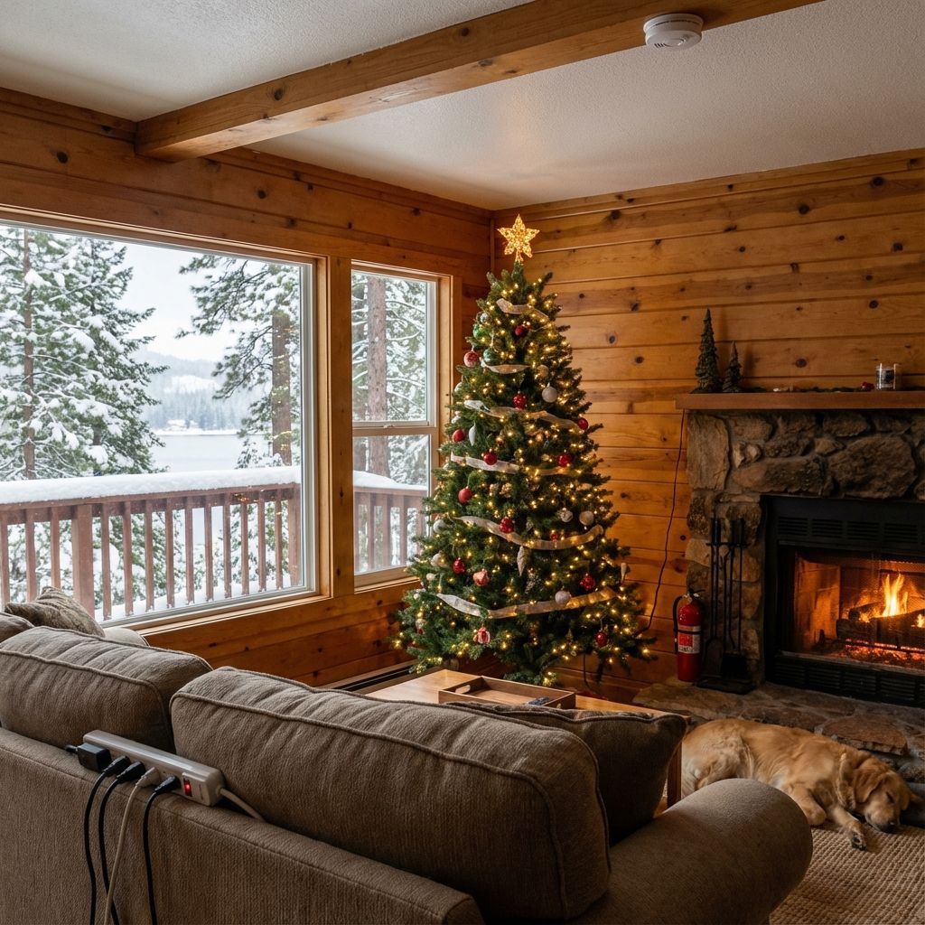 Lake Arrowhead cabin with Christmas tree - holiday electrical safety tips