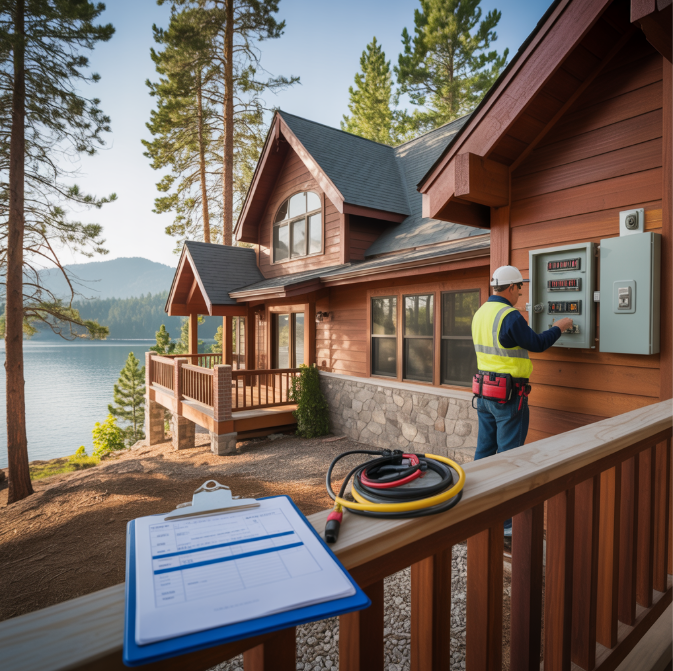 Lake Arrowhead mountain home exterior with electrical panel requiring inspection