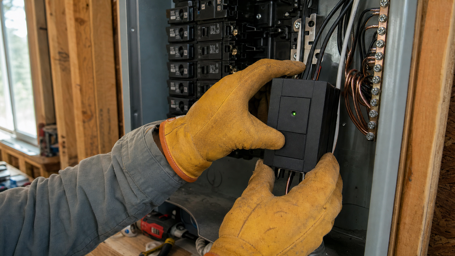 Electrician installing a UL-listed whole-house surge protective device inside an electrical panel