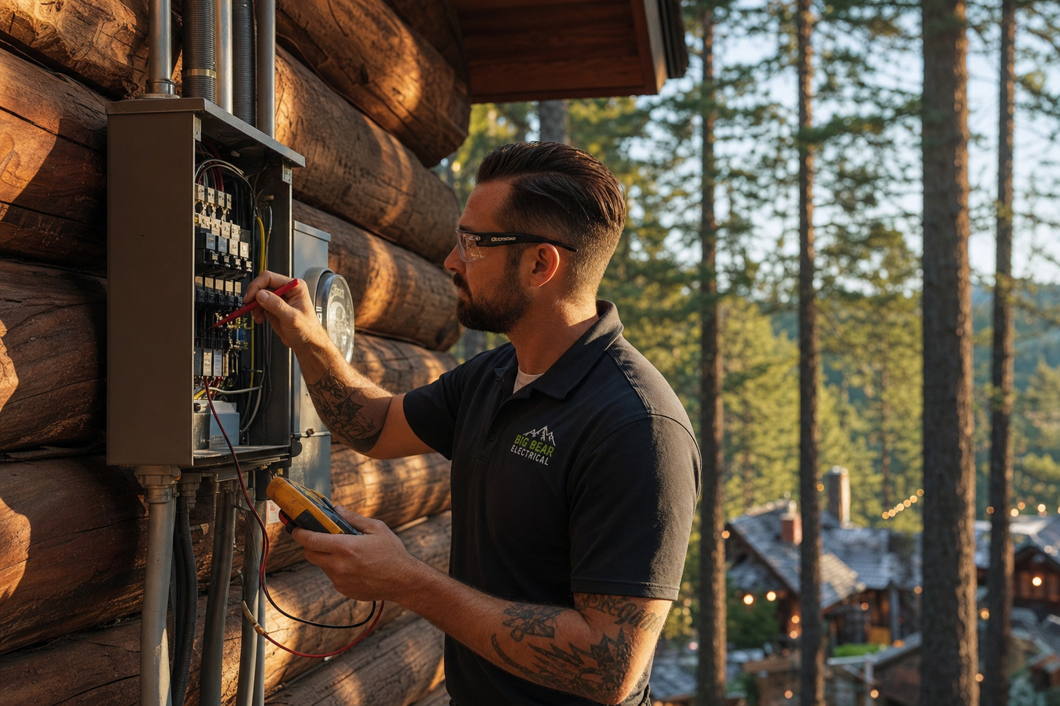 Electrician servicing a cabin panel in Skyforest, CA near SkyPark at Santa's Village