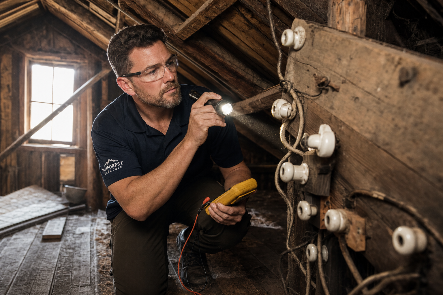 Electrician inspecting original knob-and-tube wiring in an old Rimforest, CA cabin attic
