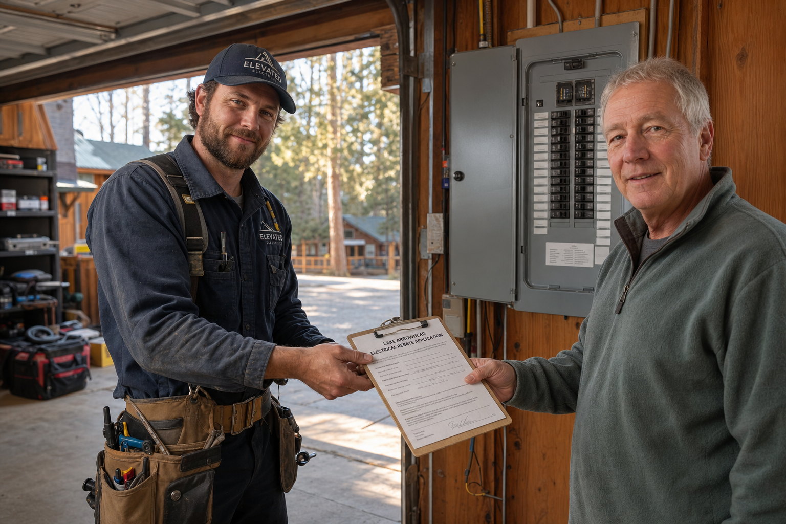 Electrician reviewing an SCE rebate application with a Lake Arrowhead homeowner 