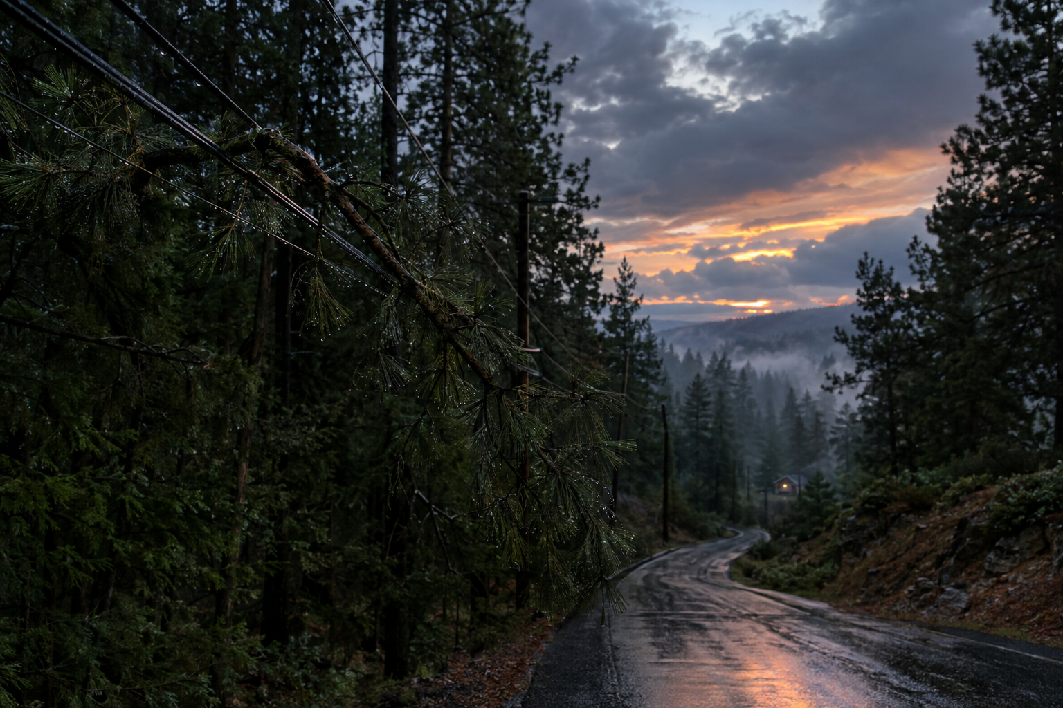 A fallen branch on a power line running through dense forest near a remote Lake Arrowhead cabin