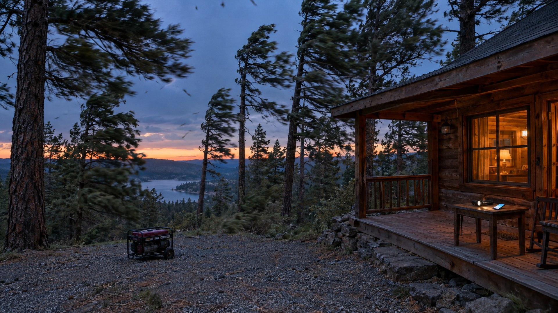 A Lake Arrowhead cabin at dusk with wind in the pines and a generator set up away from the house