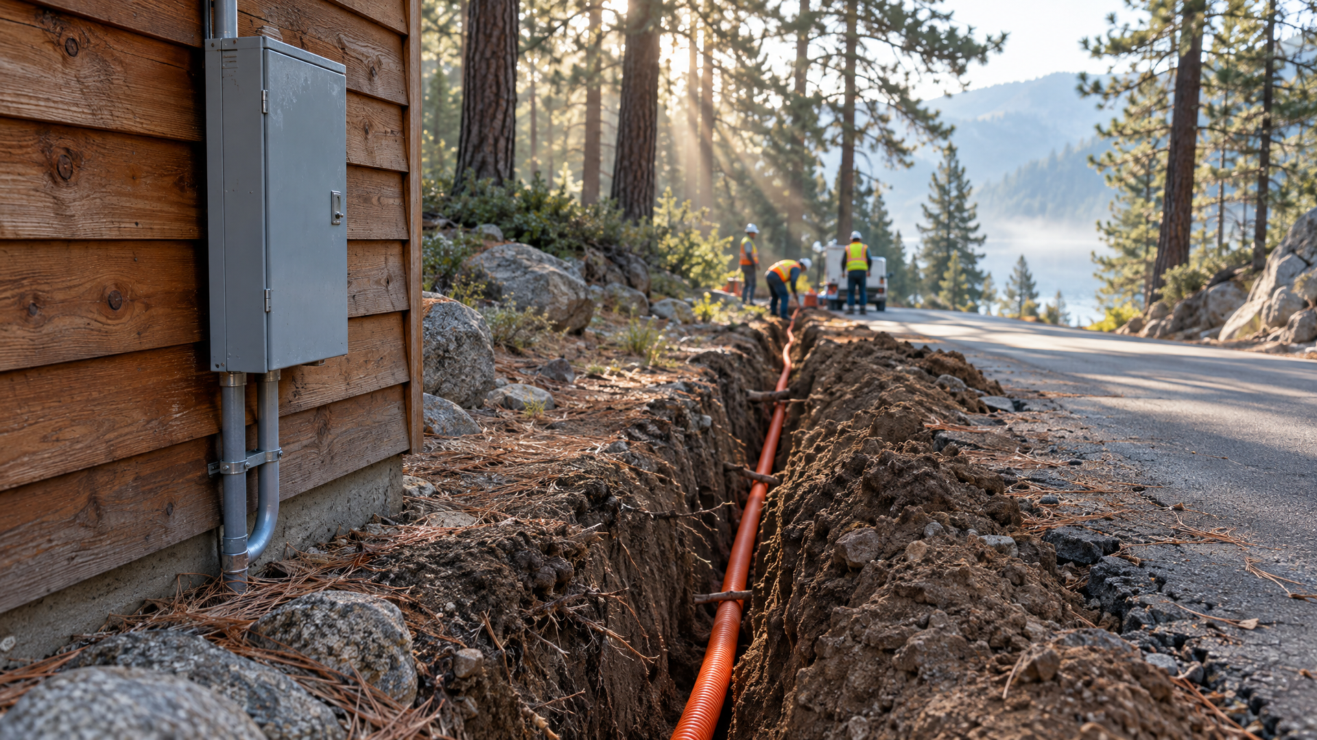 An open utility trench with orange conduit along a pine-lined mountain road near a Lake Arrowhead ca