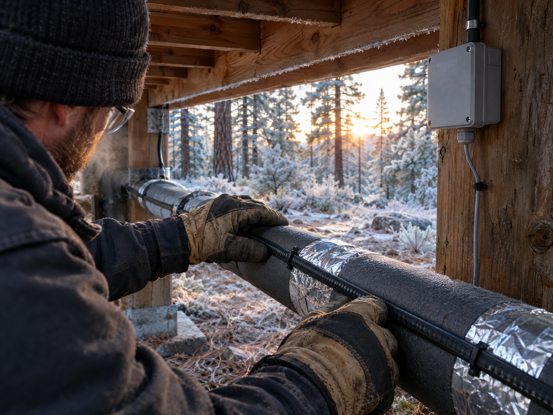 An electrician inspecting heat trace cable on an insulated pipe under a Lake Arrowhead cabin deck