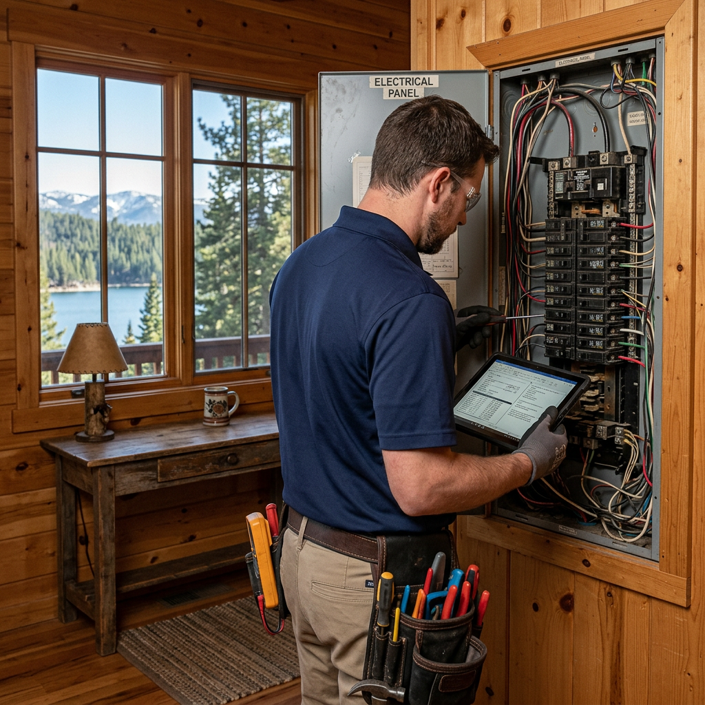 Licensed electrician inspecting an electrical panel inside a Lake Arrowhead mountain cabin