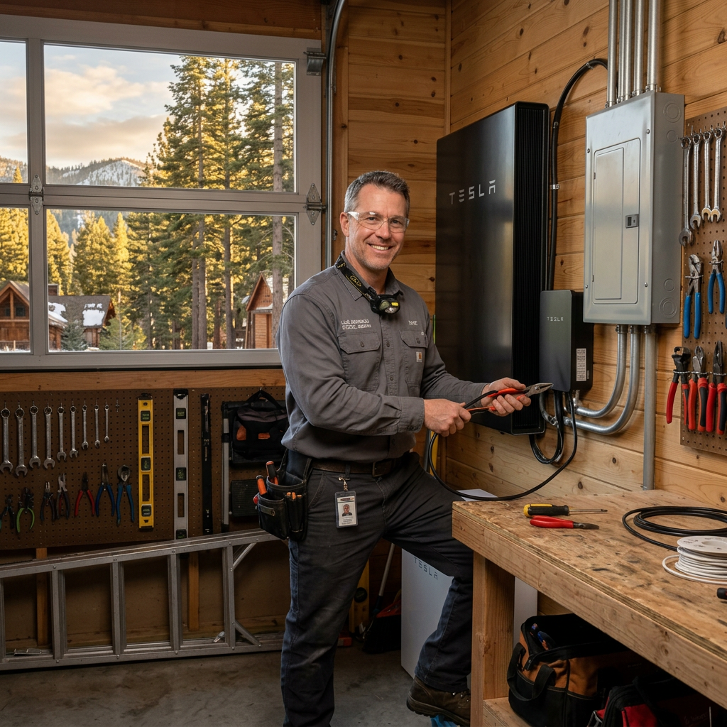 Electrician installing a battery backup power system in a Lake Arrowhead cabin garage