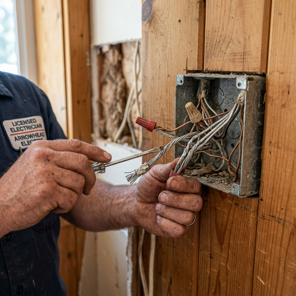 Licensed electrician inspecting aluminum branch circuit wiring inside a Lake Arrowhead cabin
