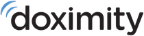 Doximity logo with black text and blue signal waves.