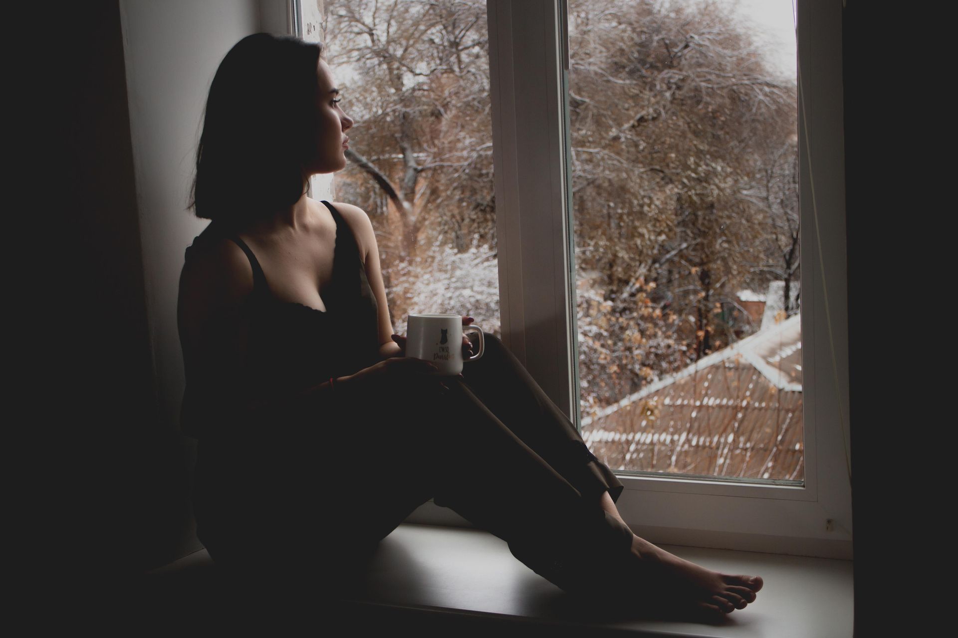 Silhouette of a woman sitting by a window holding a mug, looking out at snow-covered trees.