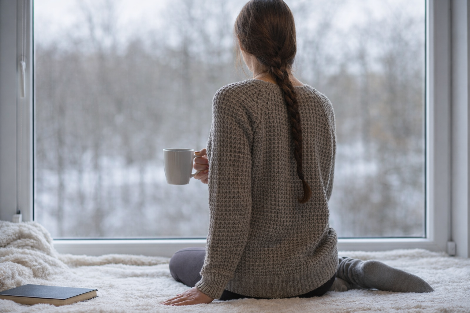 Woman sits by window, holding mug, looking at snowy landscape. Depression doesn't always look the same, Reset and Rise will help you navigate your journey.