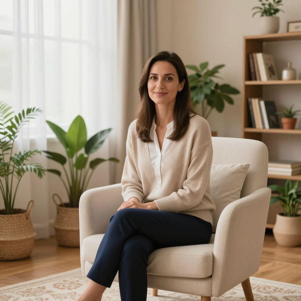 Woman in neutral-toned sweater and pants sits in armchair, smiling in a room with plants and a bookshelf.