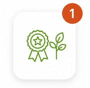 Nastro premio verde con stella accanto all'icona di una pianta che germoglia, con un badge di notifica rosso che mostra 1