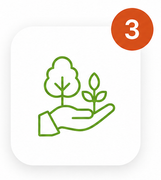 Una mano verde che tiene un germoglio e un'icona ad albero con un distintivo arancione 