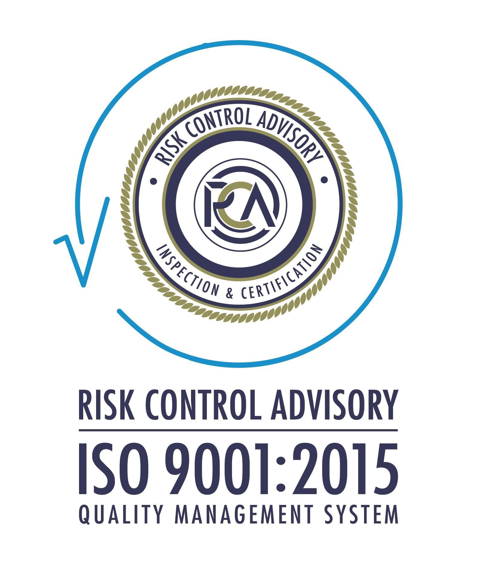 Logo del sistema di gestione della qualità ISO 9001:2015 di Risk Control Advisory in blu e grigio.