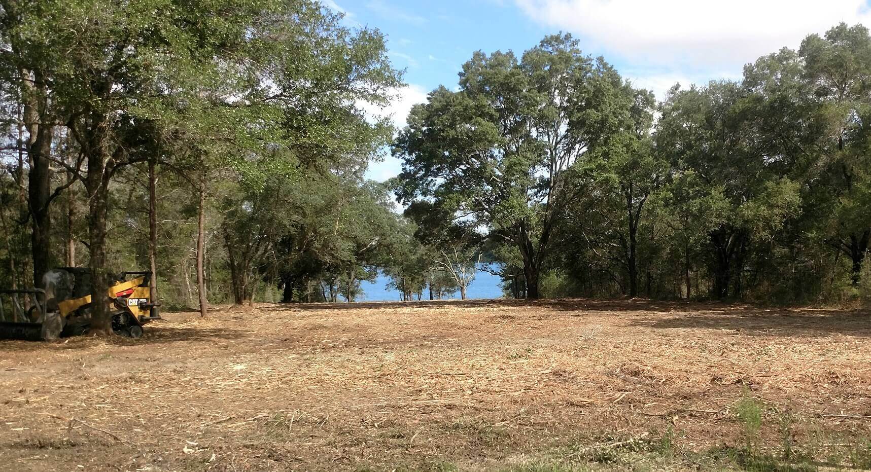 A yellow tractor is parked in a field surrounded by trees.
