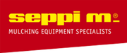 A red and yellow logo for seppi m mulching equipment specialists