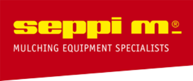 A red and yellow logo for seppi m mulching equipment specialists