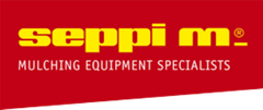 A red and yellow logo for seppi m mulching equipment specialists