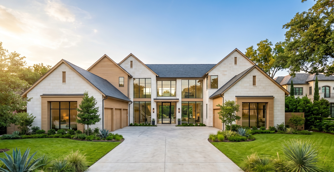 A stunning luxury custom home in a modern transitional style, featuring a blend of white stone and natural wood siding, a large concrete driveway, expansive black-framed windows, and a beautifully landscaped front yard at sunset.
