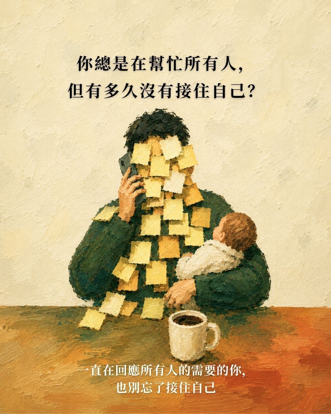 一位身上貼滿工作便利貼、同時抱著孩子的人,呈現長期回應他人需求而忽略自己的狀態,正念動中禪覺察練習主題插畫。