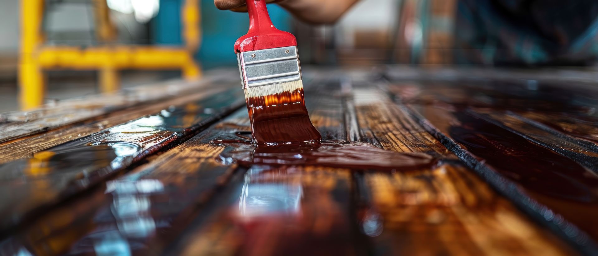 A person applying dark stain to wooden planks with a red paintbrush.