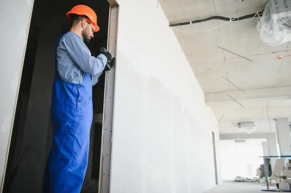 Construction worker in blue overalls and orange hard hat, installing trim on a door frame.