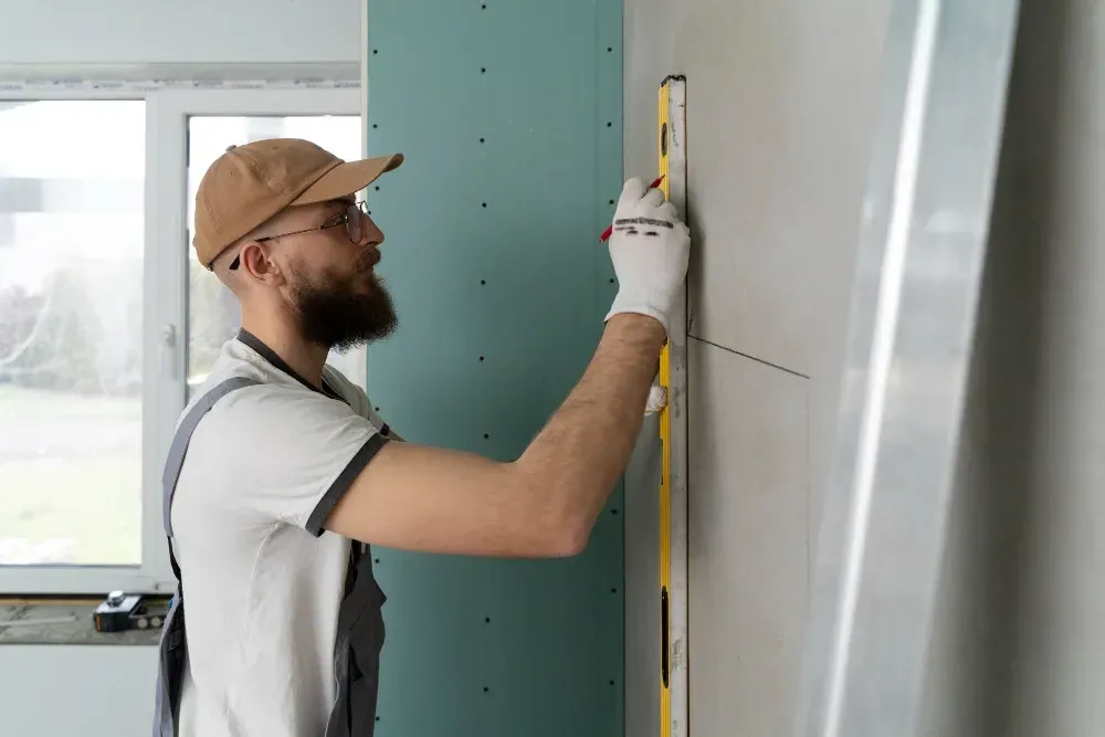 Man in work clothes using a level on a wall with drywall.