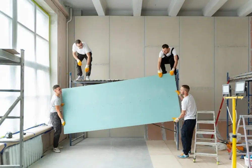 Four workers install drywall in a building; two stand on scaffolding, two on the floor, all lifting a large board.