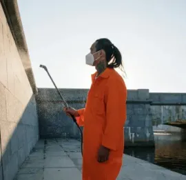 Person in orange jumpsuit holding a long pole beside a concrete wall by the water.