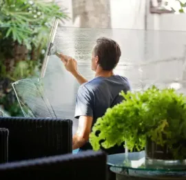 Person painting on a transparent board outdoors beside a lush green plant
