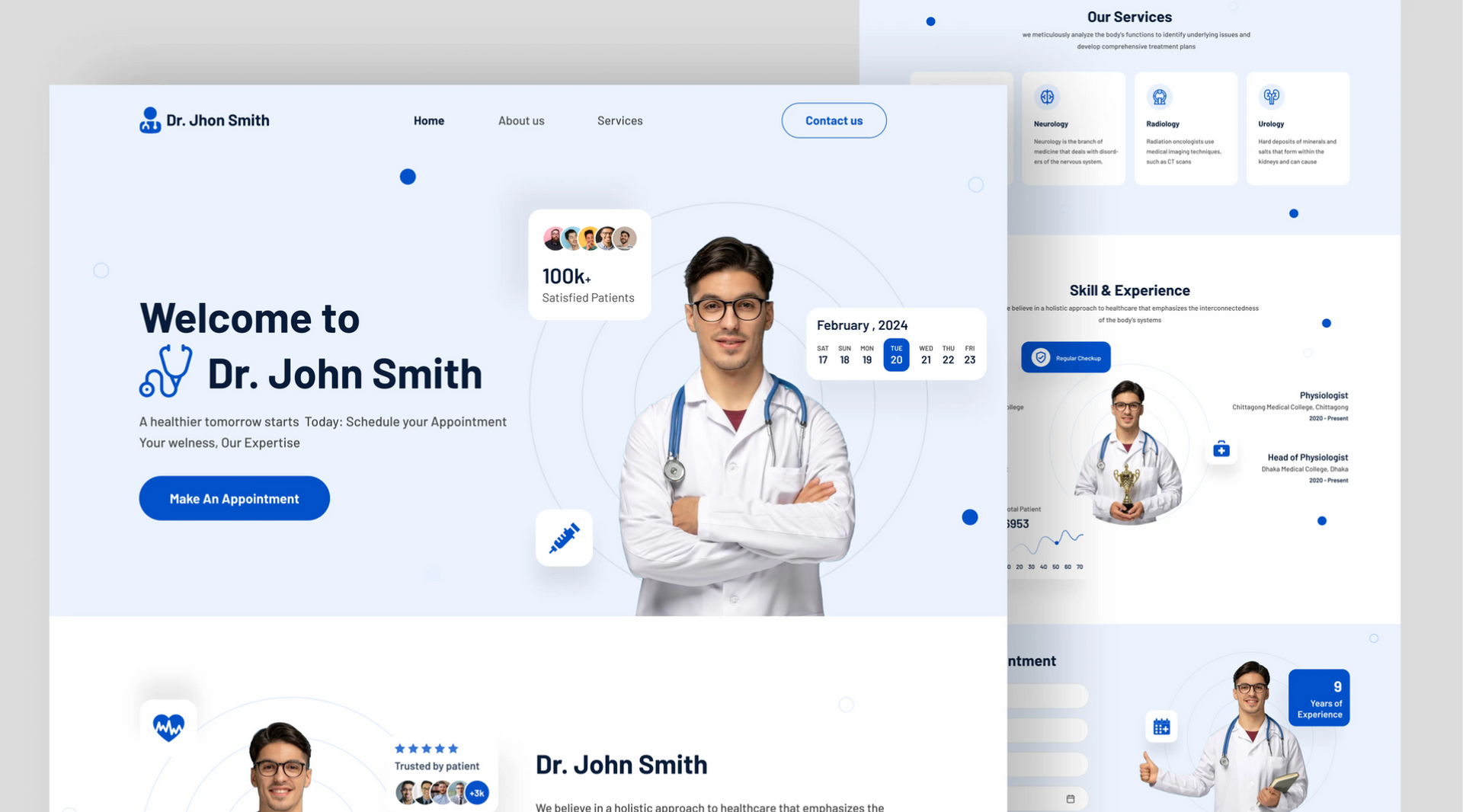 Doctor profile webpage with a smiling physician in a white coat on a light blue medical dashboard interface