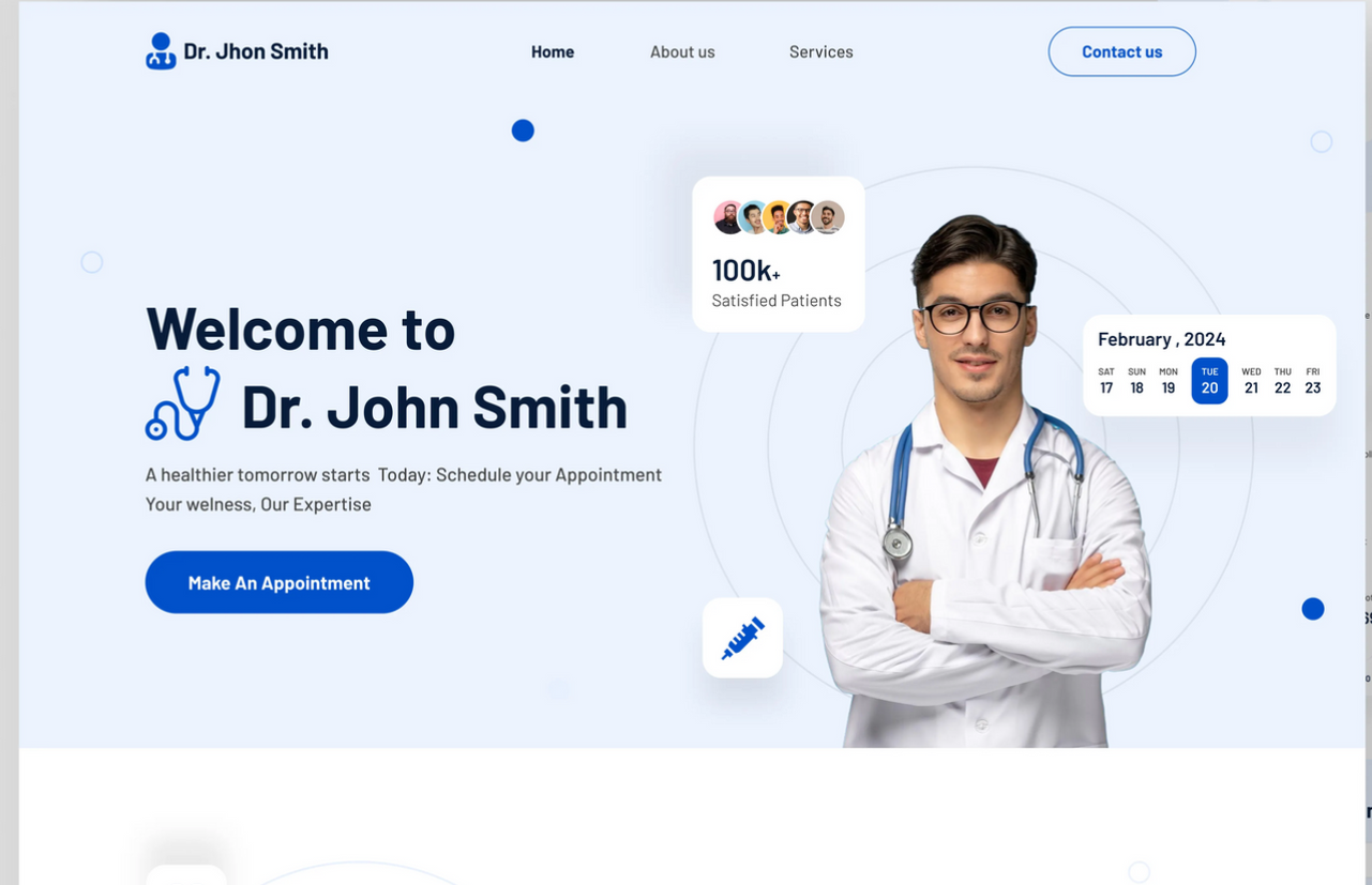 Doctor John Smith website homepage with white-and-blue design, smiling doctor portrait, and “Welcome to Dr. John Smith” text