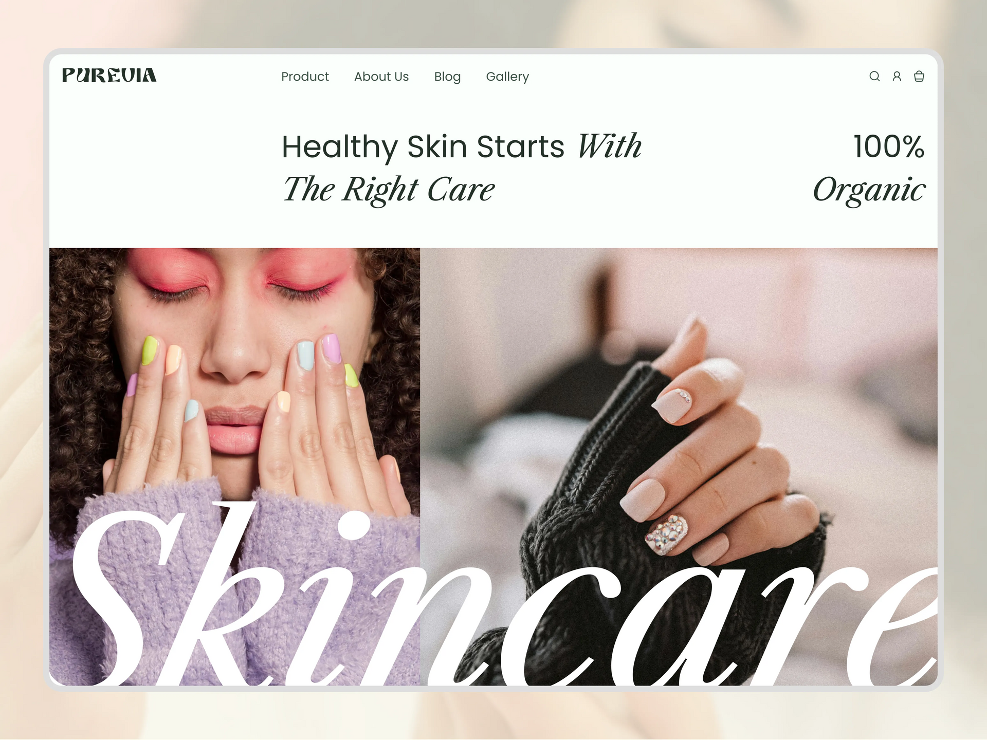 Skincare website banner with hands applying cream and manicured nails, plus “100% Organic” text