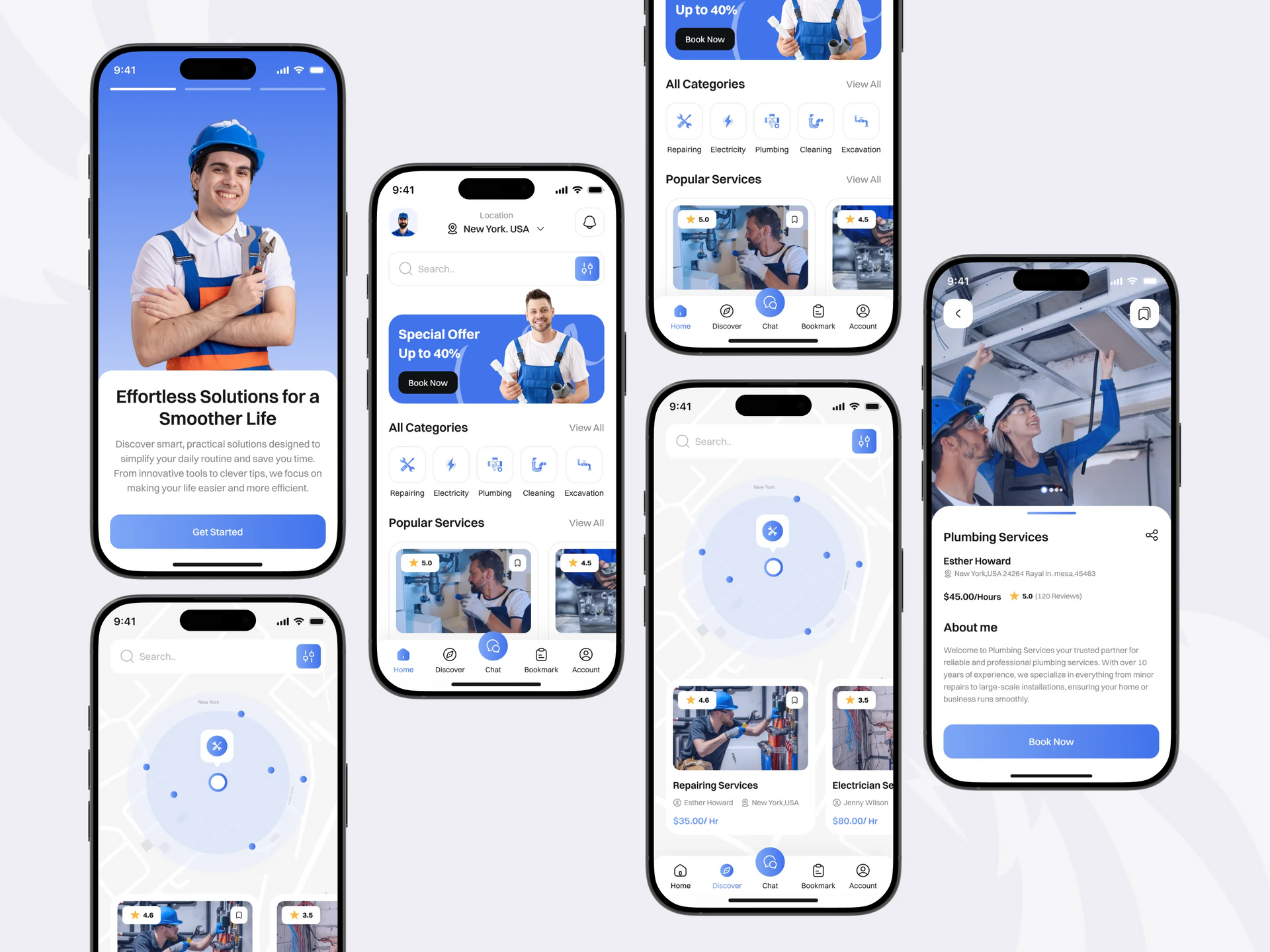 Mobile app UI mockups for a white-and-blue sports coaching app displayed on multiple phones