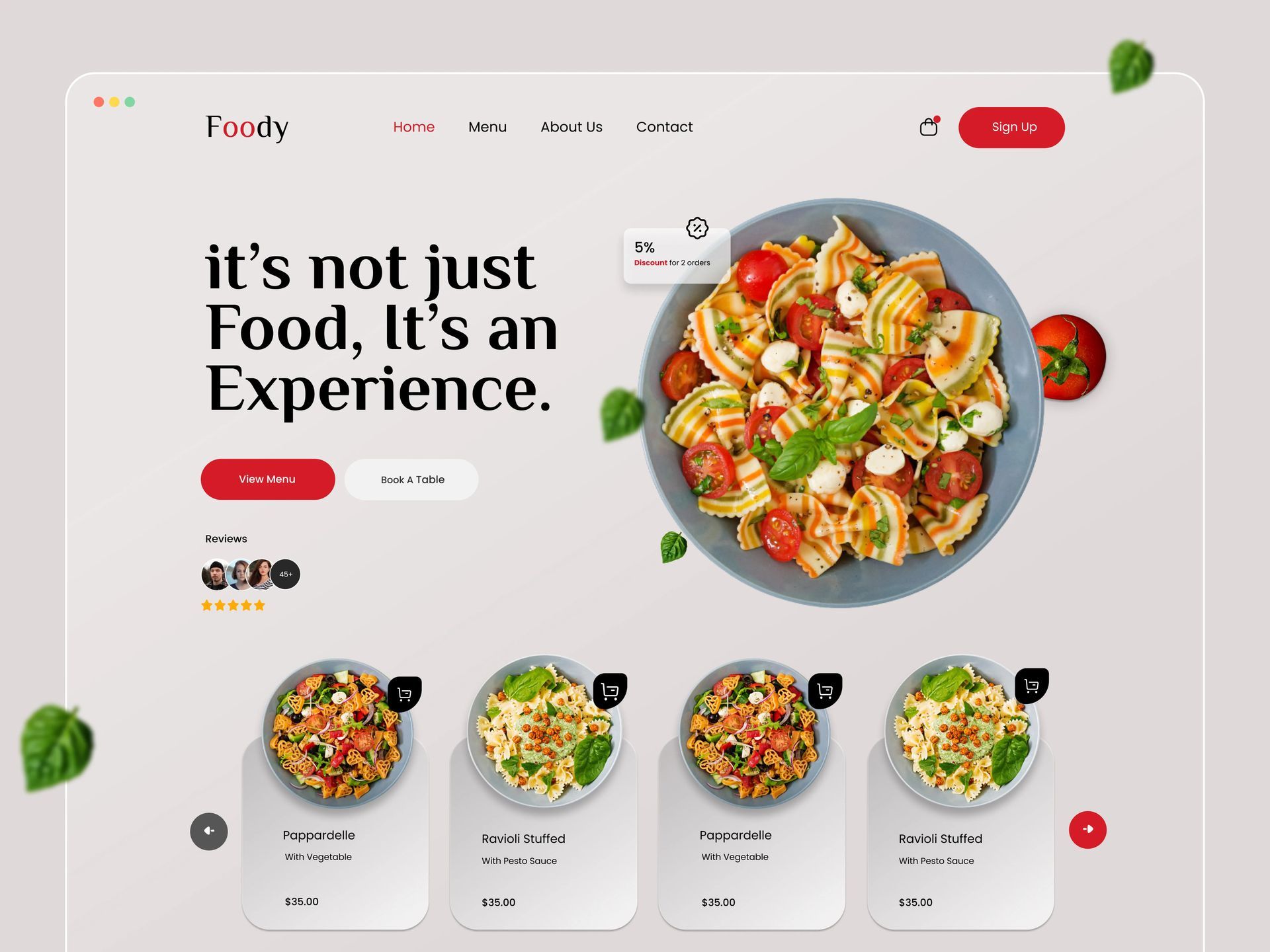 Food delivery website hero with salad bowl, bold headline, and menu cards on a light background