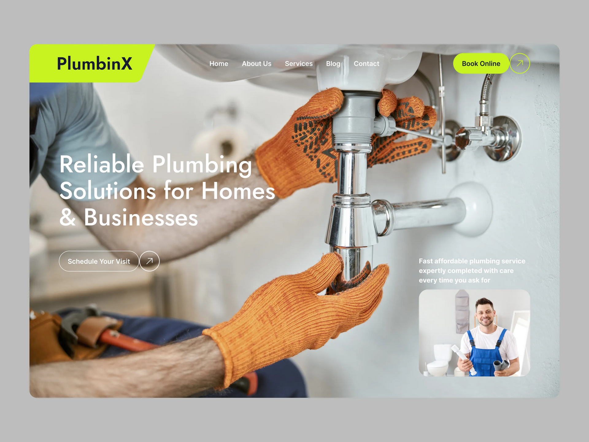 Plumber repairing bathroom pipes under a sink, with text promoting reliable plumbing solutions for homes and businesses