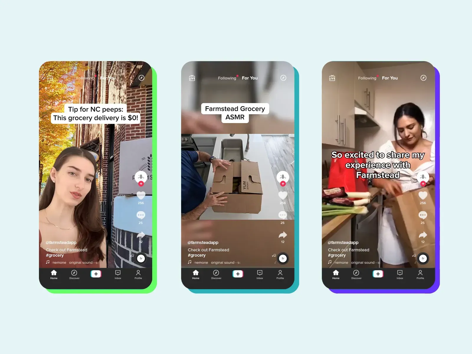 Three smartphone screenshots of a vertical social media video with different people and text overlays
