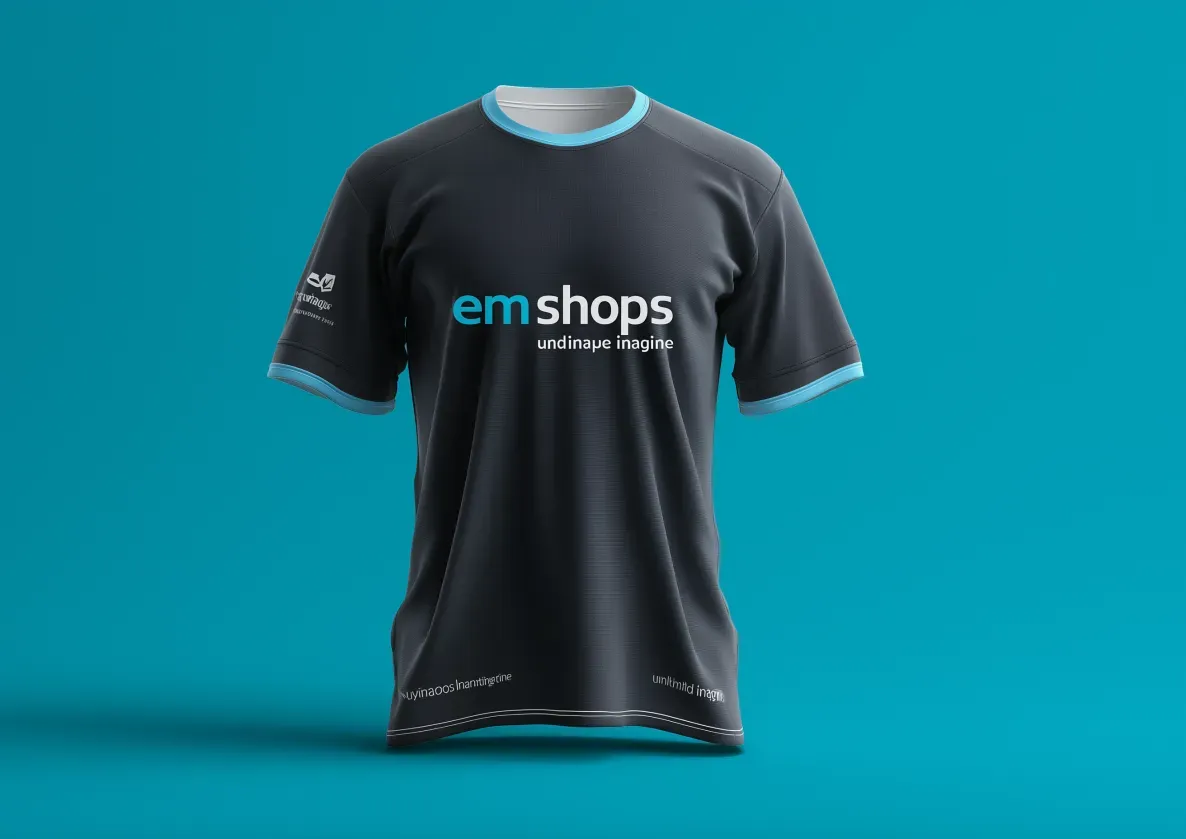 Black T-shirt with “emshops” logo on a blue background