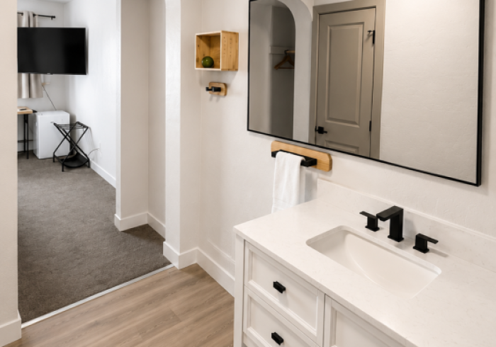 Bright bathroom vanity with black fixtures, large mirror, towel bar, and doorway to a gray-carpeted living room