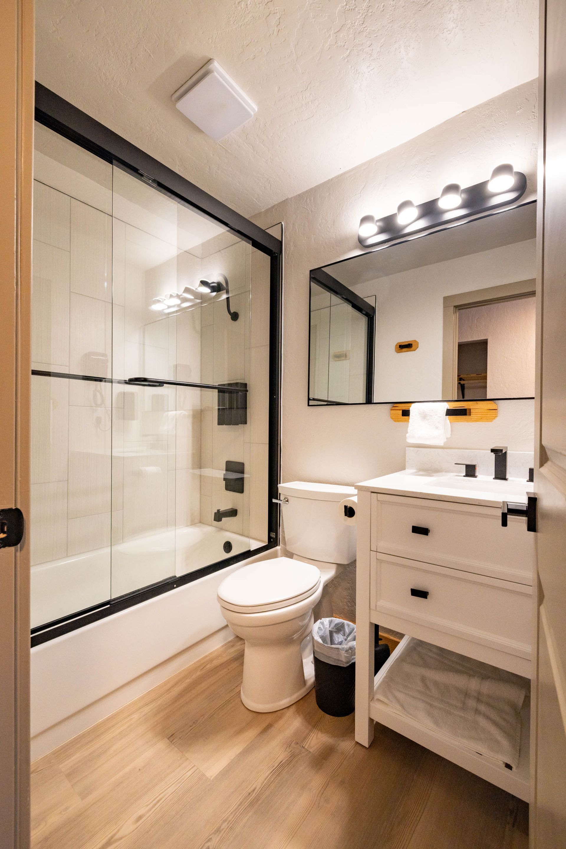 Small bathroom with a glass shower, toilet, vanity, and mirror lit by vanity lights.