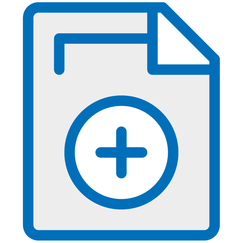 A blue icon of a sheet of paper with a plus sign in a circle.